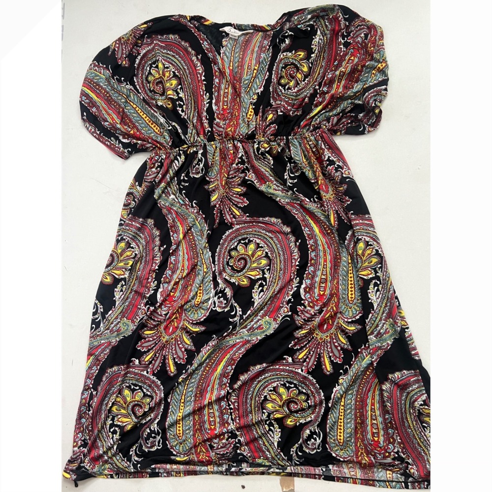 5th Love Women Paisley Boho Empire Waist V-Neck Mini Dress Black Red Large